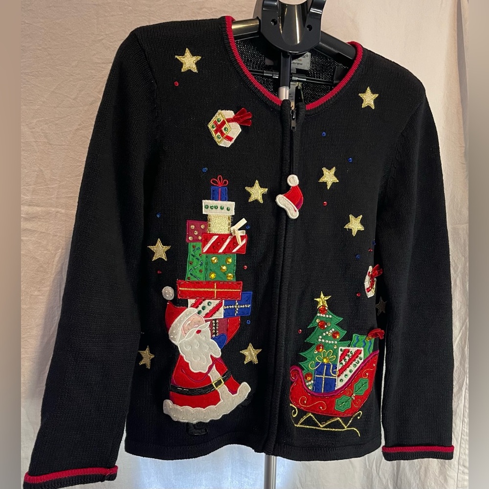 VTG Tiara Int'l M Black Ugly Christmas Sweater Zipper Cardigan Santa Embroidered - Picture 2 of 11